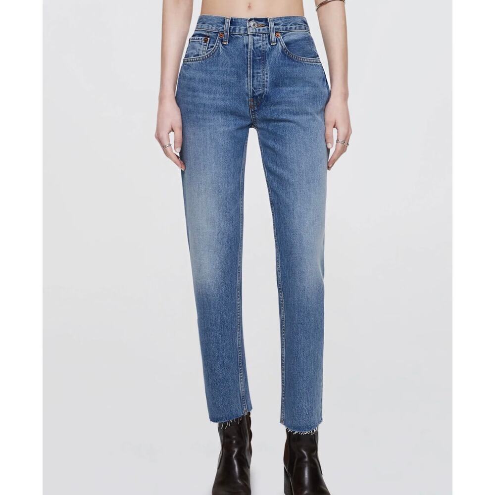 Re/Done 24 High Rise Stove Pipe Mid 70's Raw Ankle Straight Jeans Blue Cotton
